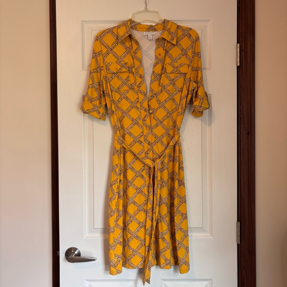 Charter Club Yellow and Blue Wrap Dress with Collar